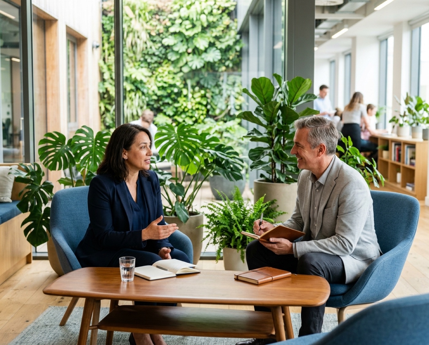 A coach and client in conversation in a bright, plant-filled office